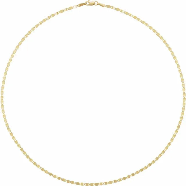 The 14K Yellow 2.7 mm Mirror Necklace  from the Goddess Jewelry Collection exudes grace with its simple, elegant design and lobster clasp. Composed of small, interconnected oval links, it is perfectly displayed in a circular shape against a crisp white background.