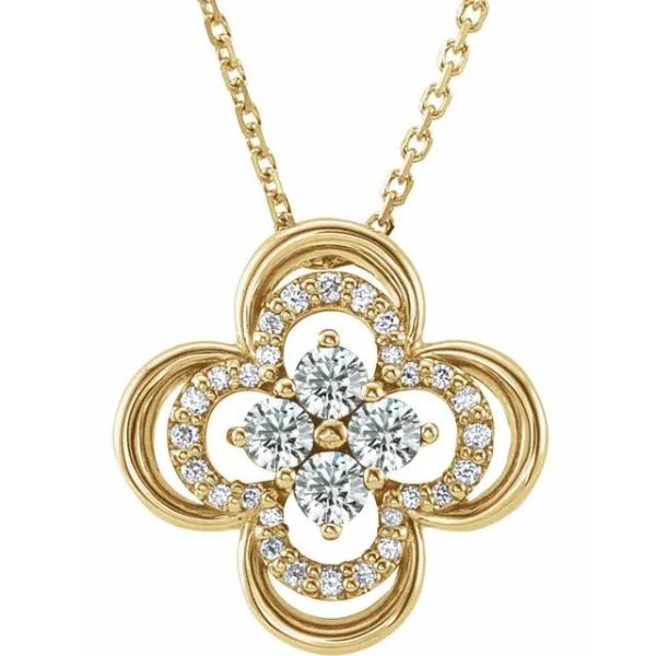 The 14K Yellow 1/3 CTW Natural Diamond Clover Necklace  from the Goddess Jewelry Collection showcases a clover-shaped pendant with VS clarity central diamonds encircled by smaller stones in a delicate design, elegantly suspended from a fine gold chain.