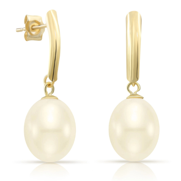 The 14K Yellow Gold Freshwater Pearl Drop Earrings by NY Gold & Silver Trading Inc. feature large, glossy round white pearls hanging elegantly from smooth gold hoops, adding a touch of divine elegance to any ensemble.