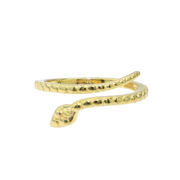 Embrace modern elegance with the 14K Yellow Gold Snake Spiral Open Ring by Goddess Jewelry, size 7. Its textured spiral body, paired with a subtly defined head and tail, captures the essence of serpent jewelry for an exquisite touch.