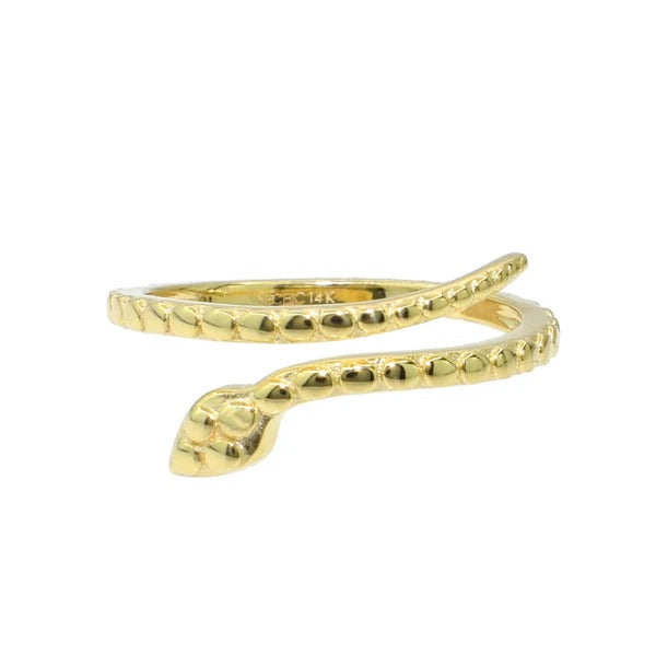 The 14K Yellow Gold Snake Spiral Open Ring (Size 7) features a textured surface and subtle head shape, reminiscent of goddess-inspired coiled snake jewelry.