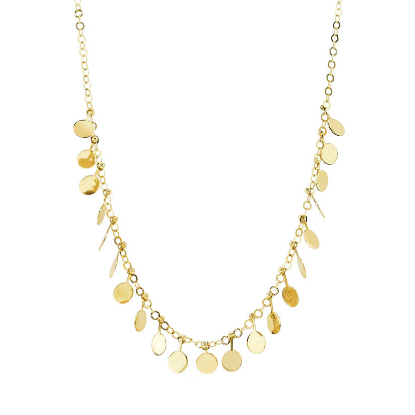 The 14k Disc Drop Necklace by Jewelmak features small circular and elongated pendants on a delicate chain, exuding elegance reminiscent of Goddess Jewelry, and is showcased flat against a pristine white background.