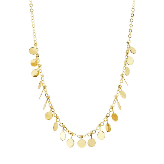 The 14k Disc Drop Necklace by Jewelmak features small circular and elongated pendants on a delicate chain, exuding elegance reminiscent of Goddess Jewelry, and is showcased flat against a pristine white background.