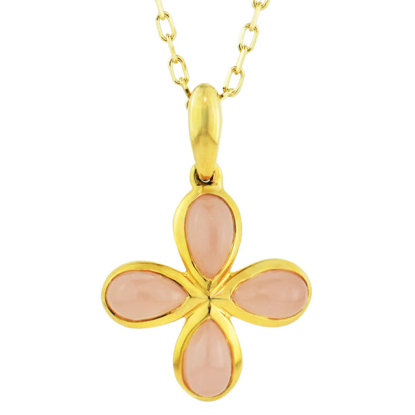 The Jewelmak 14k Guava Quartz Flower Pendant Necklace showcases a clover design with four pink guava quartz teardrop stones as petals, set in 14K yellow gold. Its delicate chain with small links complements the elegant pendant perfectly.
