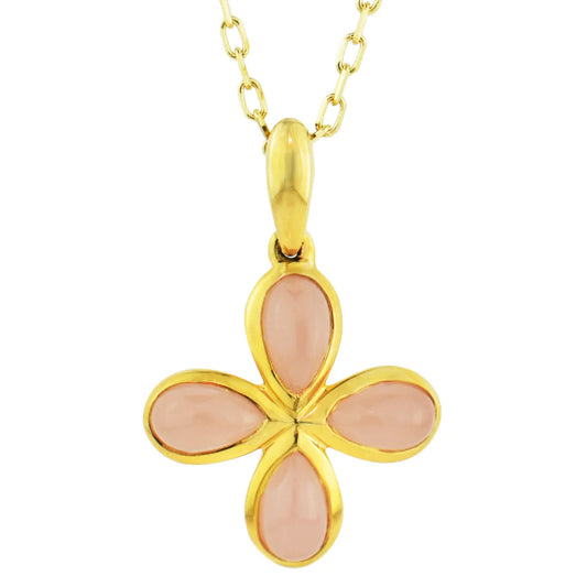 The Jewelmak 14k Guava Quartz Flower Pendant Necklace showcases a clover design with four pink guava quartz teardrop stones as petals, set in 14K yellow gold. Its delicate chain with small links complements the elegant pendant perfectly.