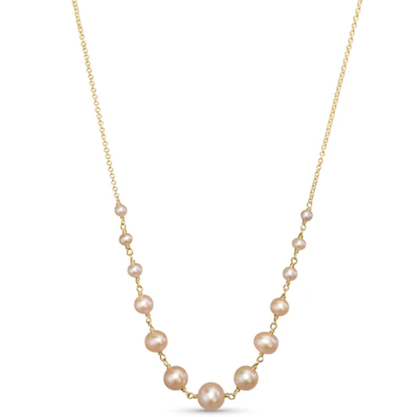 14k Pink Freshwater Pearl Wire Necklace from the Goddess Jewelry Collection  boasts a delicate chain with a central cluster of varying-sized pink pearls, creating an elegant and balanced design.