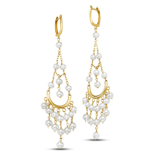 The Jewelmak 14k White Freshwater Pearl Chandelier Hoop Earrings feature intricate designs with cascading AAA+ quality white pearls and huggie hoop closures.