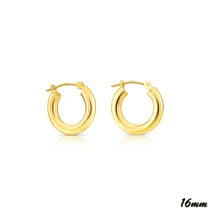 A pair of 14k yellow small gold hoop earrings, 3mm,  from the Goddess Jewelry Collection with a diameter of 16mm. They have a latch back closure and are elegantly shown against a plain white background with a "16mm" label in the lower right corner.