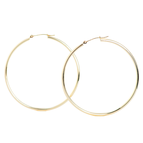 A pair of 14k Yellow Large Gold Hoop Earrings 2mm from the Goddess Jewelry Collection , displayed side by side on a white background.