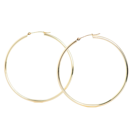A pair of 14k Yellow Large Gold Hoop Earrings 2mm from the Goddess Jewelry Collection , displayed side by side on a white background.
