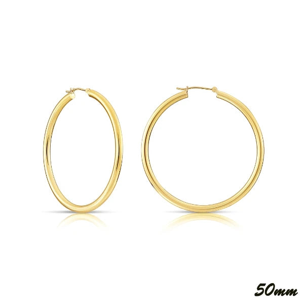 Two 14k Yellow Large Gold Hoop Earrings (3mm) from the Goddess Jewelry Collection  are set against a white background, featuring simple and shiny designs with the right hoop measuring 50mm as noted in the image corner.