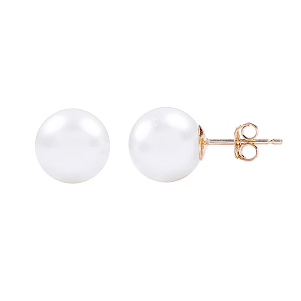 Jewelmak's Youth 14K Freshwater Pearl 5mm Stud Earrings feature AAA+ quality round pearls on a 14k yellow gold post with butterfly backing, elegantly presented on a plain white background.