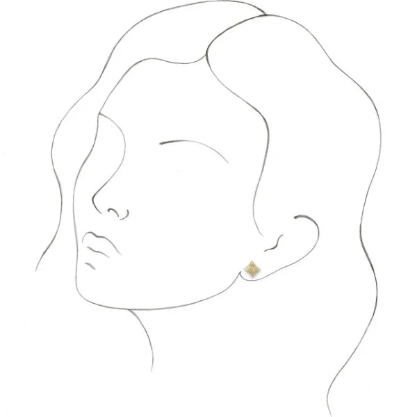 A line drawing of a woman's face with long hair, tilted slightly up, showcases minimal features and highlights 14k Yellow Gold Star Geometric Earrings by Stuller on the visible ear, encapsulating a simplistic and abstract style.