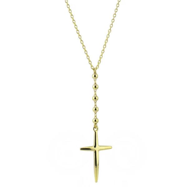 The 14K Solid Gold Cross Pendant Necklace 18" by Jewelmak features a thin chain adorned with delicate gold beads, elegantly cascading to a stylized gold cross.