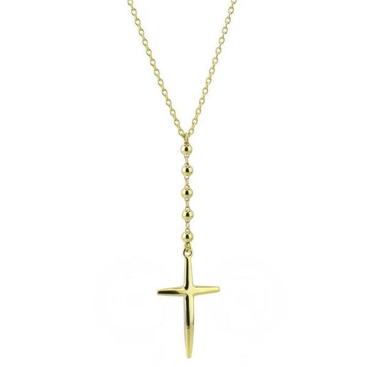 The 14K Solid Gold Cross Pendant Necklace 18" by Jewelmak features a thin chain adorned with delicate gold beads, elegantly cascading to a stylized gold cross.