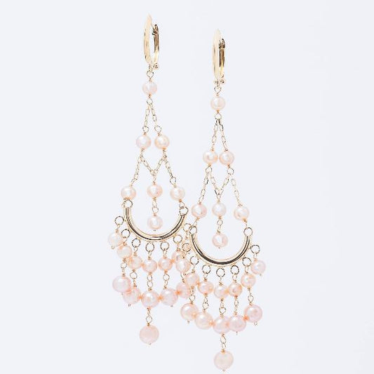 14k Pink Freshwater Pearl Chandelier Hoop Earrings: These dangling earrings showcase rows of AAA+ pink pearls on 14k yellow gold chains, forming a fan with two half-circle gold accents.