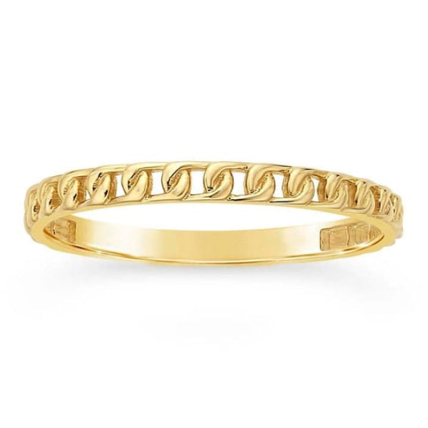 The Rio Grande 14K Yellow Gold 2mm Curb-Style Chain Band (Size 7) features a chic design perfect for stacking, adding sophistication to any ensemble. Displayed against a white background, it's an elegant addition to your jewelry collection.