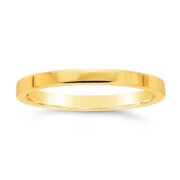 This 14K Yellow Gold Thin 2mm Flat Comfort Fit Ring from Goddess Jewelry is designed for superior wearability and durability. This band features a flat exterior with a rounded Comfort Fit interior, ensuring a smooth, effortless feel on the finger. Manufactured using a specialized process that makes it incredibly durable with a flawless, high-polish finish. With a 2mm width and a 1.3mm thickness, this simple flat comfort fit ring is perfect for stacking rings.