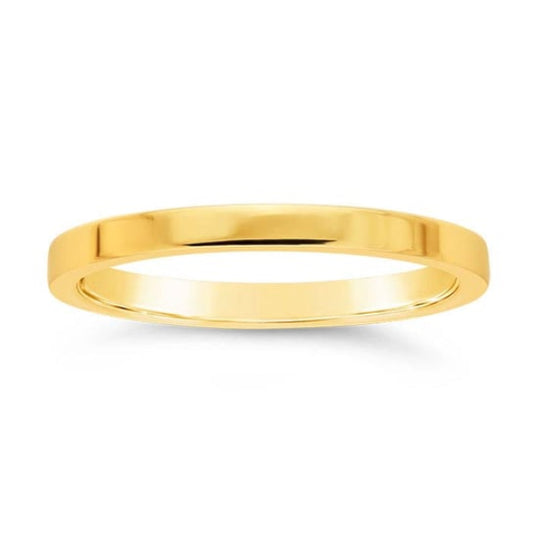 This 14K Yellow Gold Thin 2mm Flat Comfort Fit Ring from Goddess Jewelry is designed for superior wearability and durability. This band features a flat exterior with a rounded Comfort Fit interior, ensuring a smooth, effortless feel on the finger. Manufactured using a specialized process that makes it incredibly durable with a flawless, high-polish finish. With a 2mm width and a 1.3mm thickness, this simple flat comfort fit ring is perfect for stacking rings.