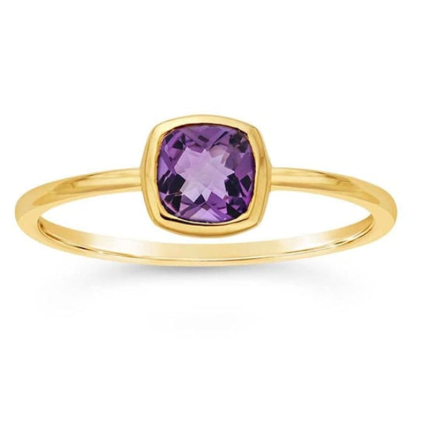 A vibrant pop of purple color to your jewelry collection with the 14K Yellow Gold 5mm Cushion Amethyst Ring from Goddess Jewelry Collection. This elegant design features a genuine 5mm faceted amethyst in a sleek bezel setting, highlighting the gem’s rich violet hue with a modern, refined silhouette. Crafted in solid 14K yellow gold, the ring is finished with a smooth, high-polish surface that enhances the brilliance of both metal and stone.