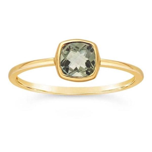 This 14K Yellow Gold Green Amethyst Bezel Ring from Goddess Jewelry is crafted in solid 14K gold, featuring a 5mm cushion-cut light green amethyst, bezel-set. This 14K Yellow Gold Green Amethyst Bezel Ring brings a refreshing hint of color to your fine jewelry collection. Crafted in solid 14K yellow gold, this ring features a genuine 5mm cushion-cut light green amethyst, bezel-set for a modern, streamlined silhouette.
