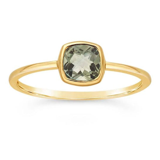 This 14K Yellow Gold Green Amethyst Bezel Ring from Goddess Jewelry is crafted in solid 14K gold, featuring a 5mm cushion-cut light green amethyst, bezel-set. This 14K Yellow Gold Green Amethyst Bezel Ring brings a refreshing hint of color to your fine jewelry collection. Crafted in solid 14K yellow gold, this ring features a genuine 5mm cushion-cut light green amethyst, bezel-set for a modern, streamlined silhouette.