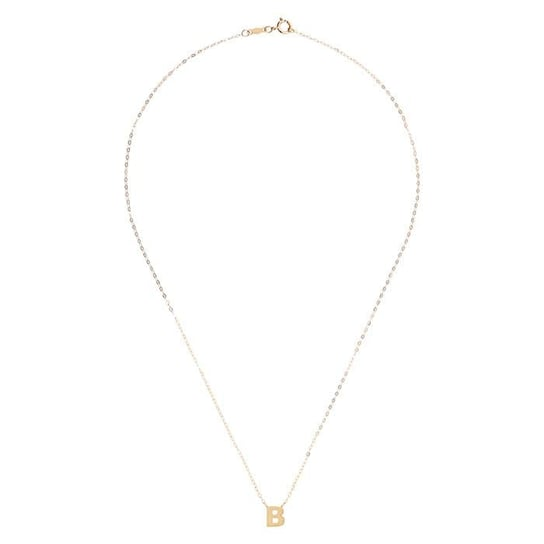 The 14K Dainty Uppercase Initial Necklace from Goddess Jewelry features a delicate chain with a central "B" pendant, perfect for everyday elegance.