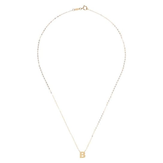 The 14K Dainty Uppercase Initial Necklace from Goddess Jewelry features a delicate chain with a central "B" pendant, perfect for everyday elegance.