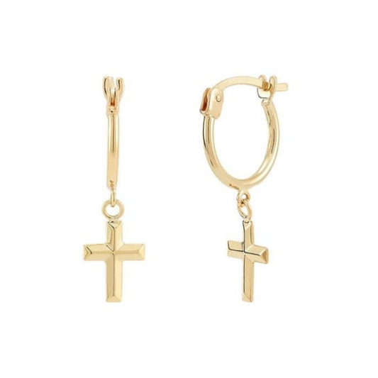 This 14K Yellow Gold Huggie Earrings with Cross Dangles from Goddess Jewelry is crafted in radiant 14-karat solid yellow gold. These hoops measure 12 x 1.27mm. Graceful and symbolic, the 14K Yellow Gold Polished Cross Lever-Back Earrings offer a timeless expression of faith and elegance. Crafted from solid 14-karat yellow gold, each earring features a sleek, high-polish cross charm suspended from a secure lever-back closure for easy, all-day wear.