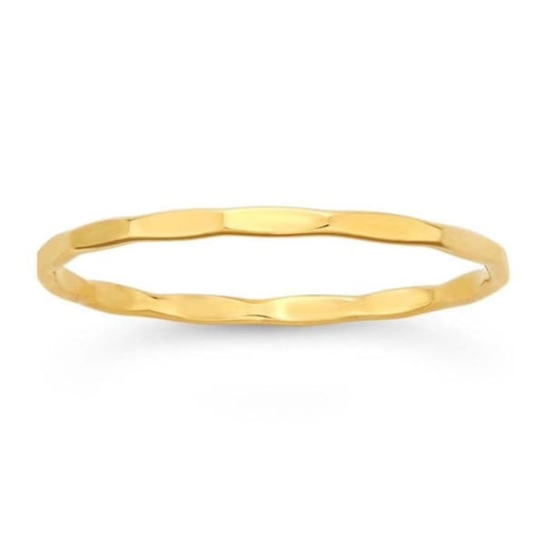 The Rio Grande 14K Yellow Gold Faceted Stackable Ring (Size 7) features a subtly textured twisted design. Its shiny finish elegantly reflects light, set against a plain white background.