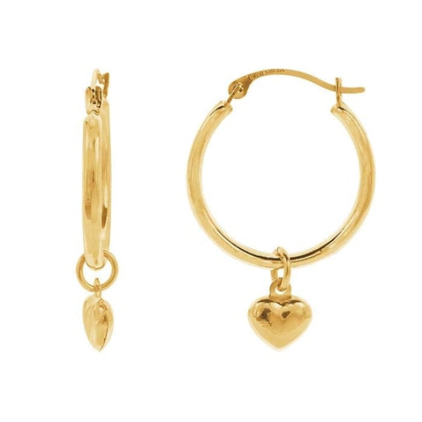 The Rio Grande 14K Yellow Gold Heart Charm Hoop Earrings feature polished hoops with dangling heart charms and simple clasp closures, shown against a white background.