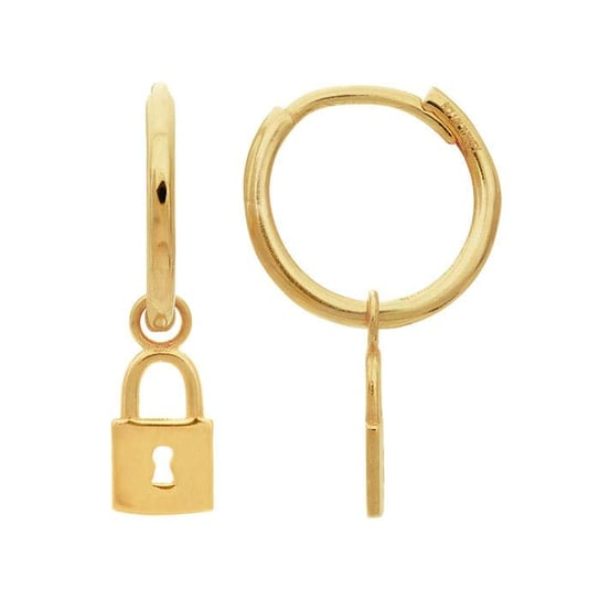 The 14K Yellow Gold Padlock Charm Hoop Earrings by Rio Grande showcase two elegant gold hoops, each adorned with a petite padlock charm, embodying modern luxury. One earring is turned to highlight its sleek side profile.
