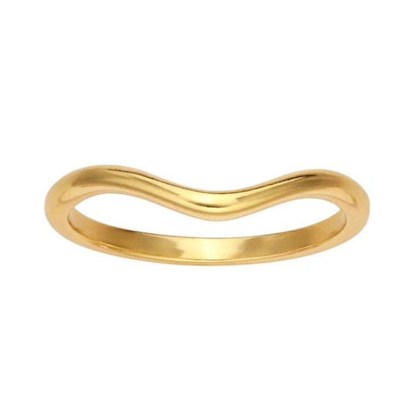 The Rio Grande 14K Yellow Gold Stackable Curved Ring features a sleek, wavy design with a thin, elegantly curved polished band, offering a minimalist and shiny appearance perfect for stacking.