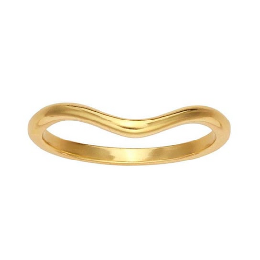 The Rio Grande 14K Yellow Gold Stackable Curved Ring features a sleek, wavy design with a thin, elegantly curved polished band, offering a minimalist and shiny appearance perfect for stacking.