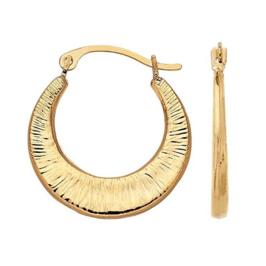 This 14K Yellow Gold Textured Crescent Hoop Earrings from Goddess Jewelry is crafted in radiant 14-karat solid yellow gold. Crafted in radiant 14-karat yellow gold, these hoops feature a flattened crescent silhouette. Measuring 17 x 19mm, these full hoops encircle the ear gracefully from front to back, offering a modern take on a timeless classic.