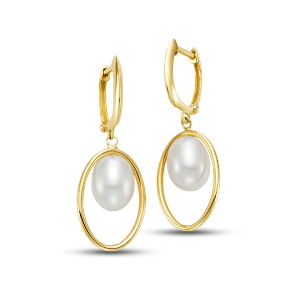 14k Freshwater White Pearl Huggie Hoop Earrings feature oval gold hoops holding smooth pearls via small clasp hooks, contrasting their glossy surfaces with the hoops' shine.