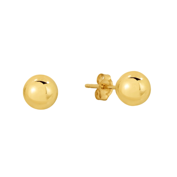 Close-up of NY Gold & Silver Trading Inc.'s 14K Gold Ball Stud 7mm Earrings. Each stud features a smooth round gold ball and a simple post with butterfly back, while the plain white background highlights the polished yellow gold finish.