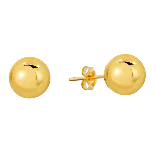 The 14K Gold Ball Stud 8mm Earrings by NY Gold & Silver Trading Inc. feature a sleek, spherical design with a smooth, reflective surface and secure butterfly backing, exuding timeless elegance on a plain white background.