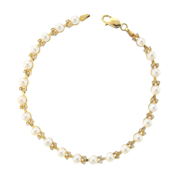 The 14k Freshwater Pearl Diamond 0.20CT Gold Bracelet  from the Goddess Jewelry Collection combines 14K yellow gold with freshwater pearls and small gemstones, secured by a sturdy clasp.