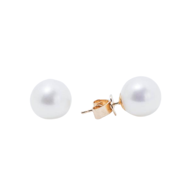 The 14k White 9mm Freshwater Pearl Stud Earrings from Goddess Jewelry, with gold posts, truly embody the essence of Goddess Jewelry against a soft light gray background.