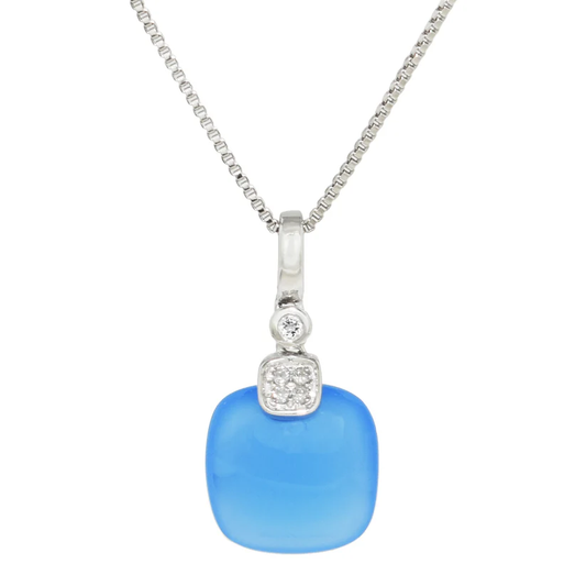 Sterling Silver White Topaz Blue Agate Necklace from the Goddess Jewelry Collection  features a pendant with a bright blue agate in a rounded square shape, topped by a sparkling white topaz set in silver, all elegantly hanging from a delicate square-link chain.