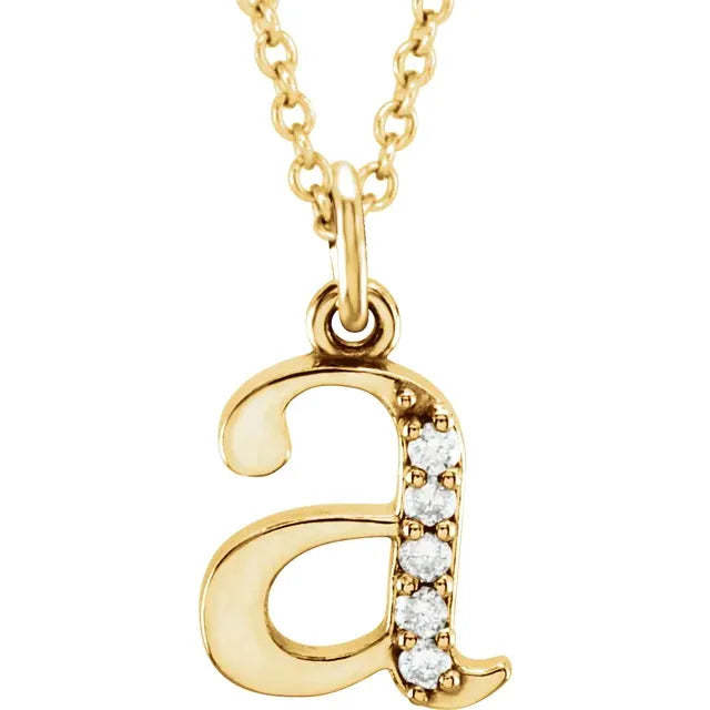 The 14K Dainty Lowercase Initial Diamond Necklace from the Goddess Jewelry Collection features a gold chain with a lowercase "a" pendant, adorned with a vertical row of small natural diamonds on the right side, making it a stunning personalized gift.