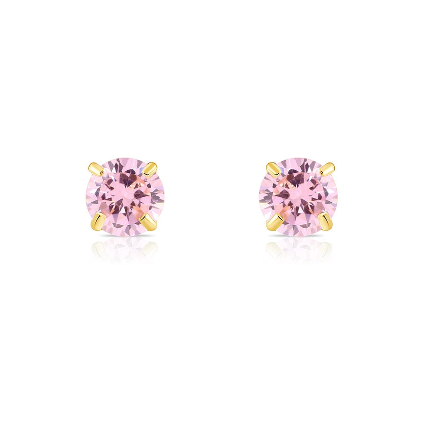 Tiny 3mm tourmaline stud earrings  from the Goddess Jewelry Collection , featuring round pink stones set in 14K yellow gold prongs, displayed on a white background.