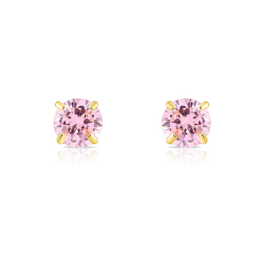 Tiny 3mm tourmaline stud earrings  from the Goddess Jewelry Collection , featuring round pink stones set in 14K yellow gold prongs, displayed on a white background.