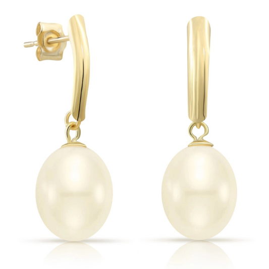 14K Yellow Gold Freshwater Pearl Drop Earrings: These stunning gold hoop earrings are beautifully crafted from 14K yellow gold and adorned with large, smooth freshwater pearls. They feature a shiny finish, elegantly presented against a plain white background.