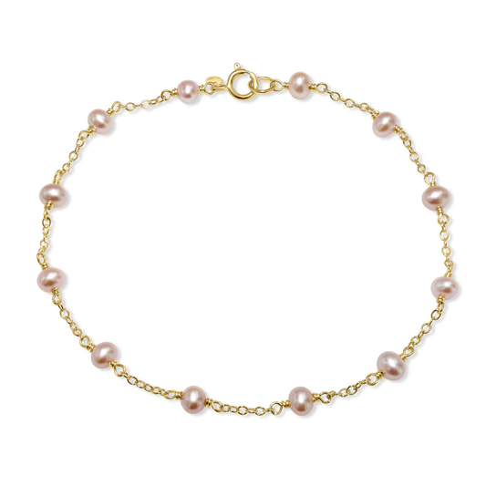 The 14k Natural Pink Pearl Station Bracelet by Jewelmak features a delicate gold chain adorned with evenly spaced small pink and white pearls, secured with a gold clasp for an elegant and timeless design.