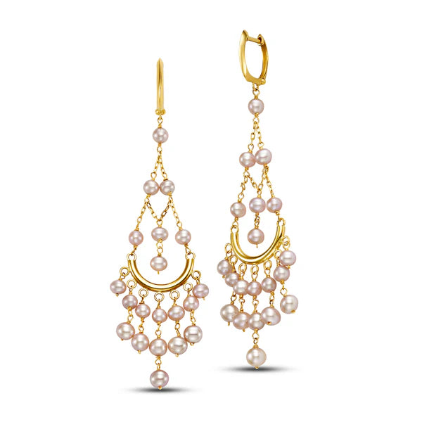 Embellished with cascading pink freshwater pearls, these exquisite chandelier huggie hoop earrings by Jewelmak are crafted in 14-karat gold and encapsulate the elegance of a classic design.