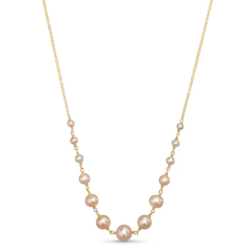 The Jewelmak 14k Pink Freshwater Pearl Wire Necklace is an elegant accessory featuring a delicate arrangement of pink and white pearls, evenly spaced along a graduated ball link chain.