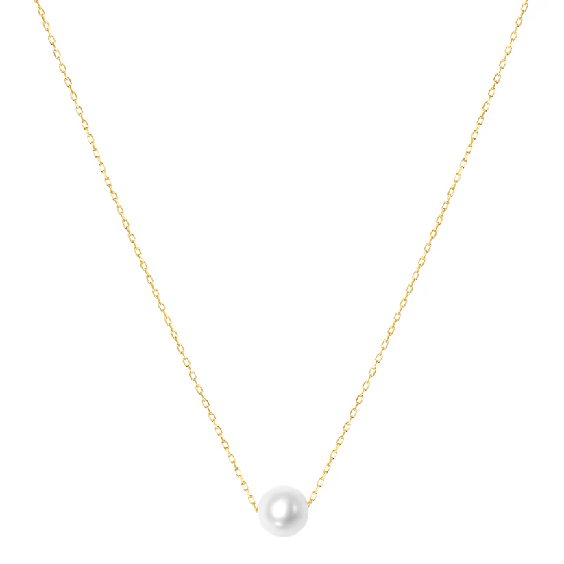 The Jewelmak 14k Yellow Gold Necklace exhibits a minimalist design with a single white freshwater pearl pendant on a delicate chain, accented by a slider ball pendant against a plain white background.