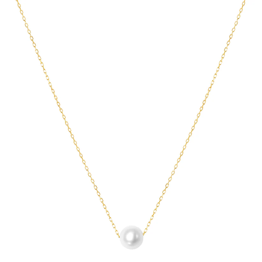 The Jewelmak 14k Yellow Gold Necklace exhibits a minimalist design with a single white freshwater pearl pendant on a delicate chain, accented by a slider ball pendant against a plain white background.